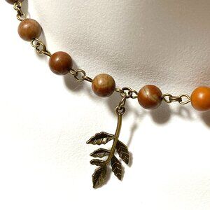 Natural Earthy Polychrome Jasper Necklace, Bronze Leaf Branch + Genuine Gemstone